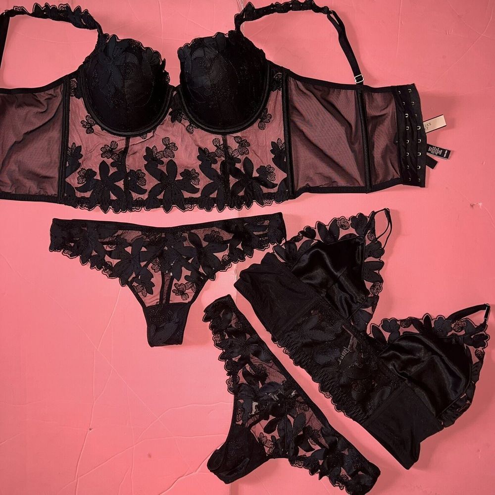 Victoria's Secret longline 36B BRA SET+L BRALETTE+M thongs BLACK floral APPLIQUE